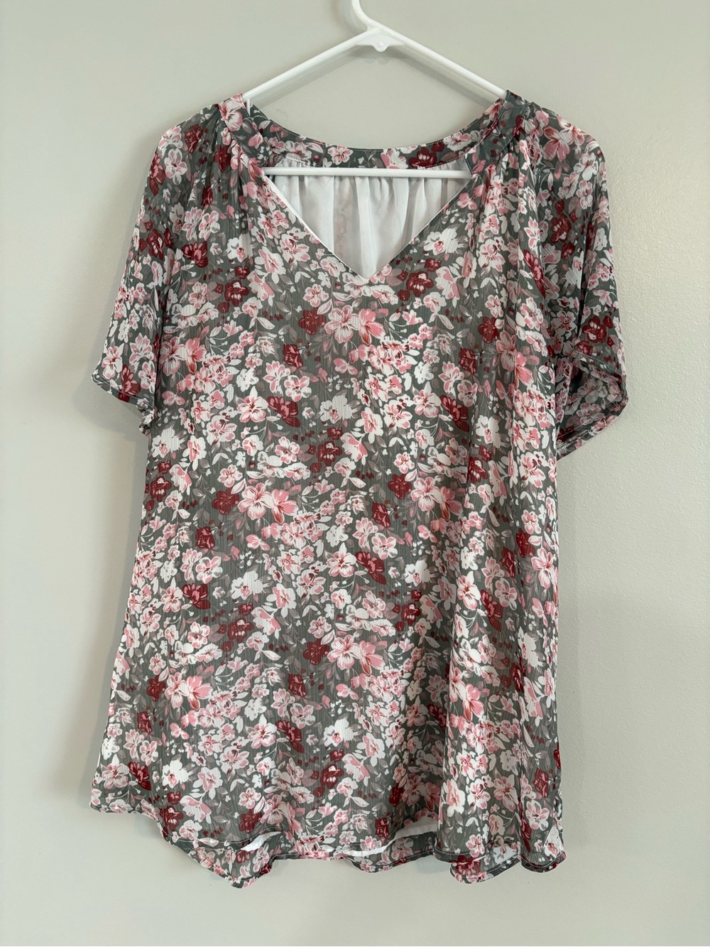Floral V-Neck Short Sleeve Blouse - Pink & Gray